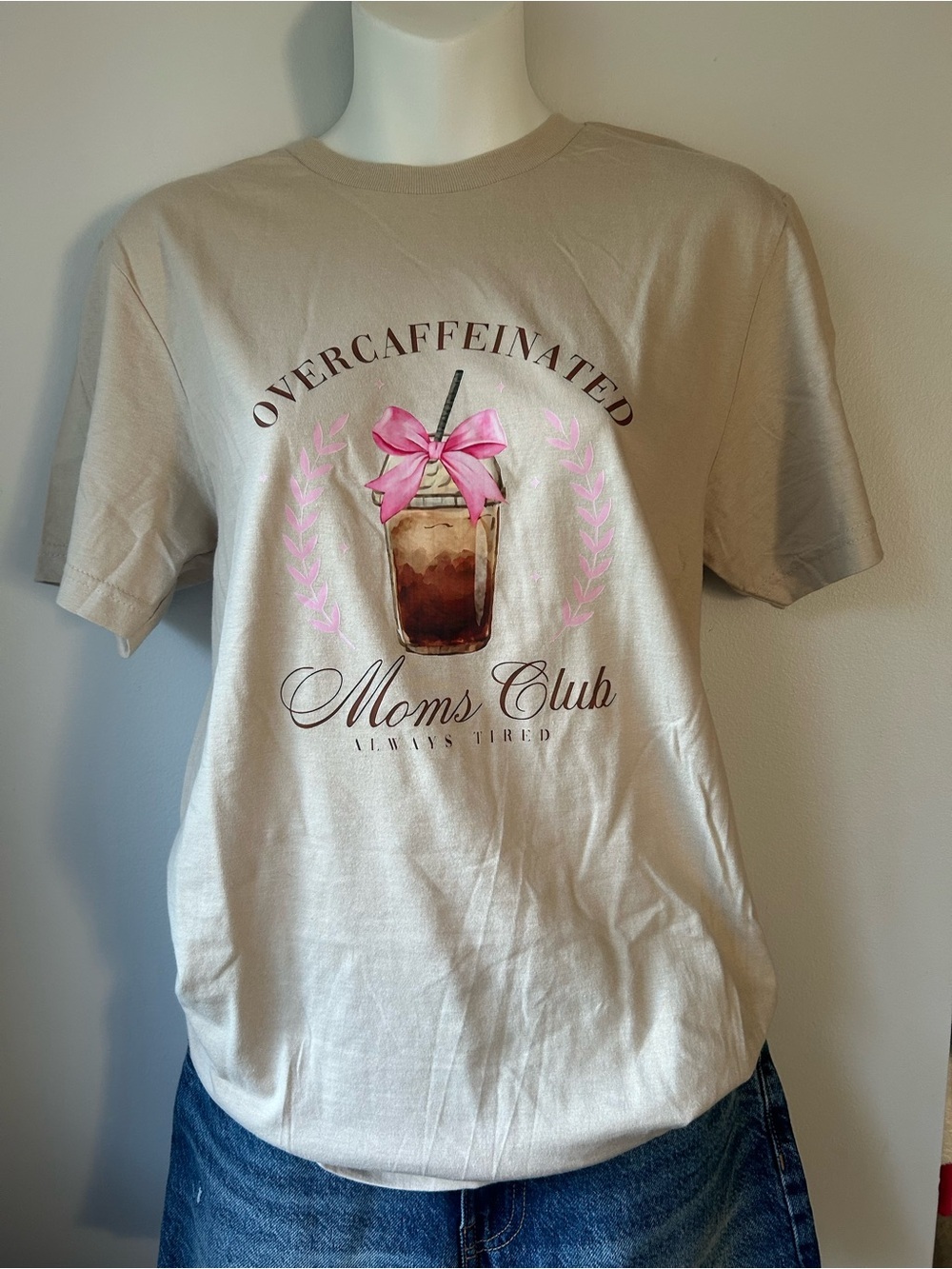 NEW Overcaffeinated Moms Club Graphic Tee - Beige with Pink Accent